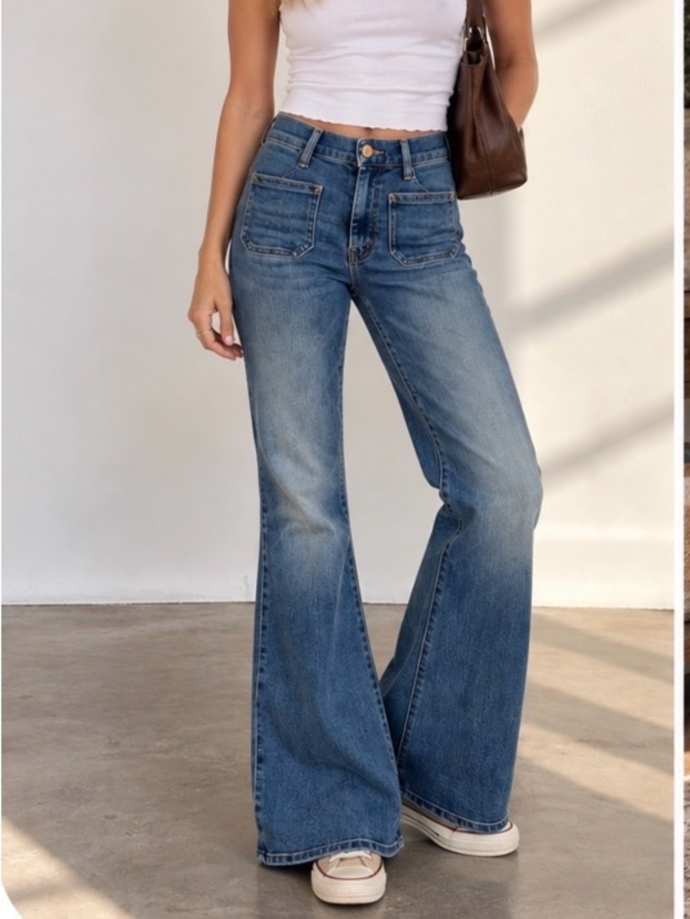 Mother denim patch pocket jeans High-Rise Wide flare boot Leg med Blue wash 27